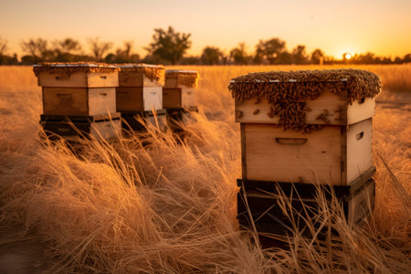 Beehives in the field at sunset. Beekeeping concept.の素材
