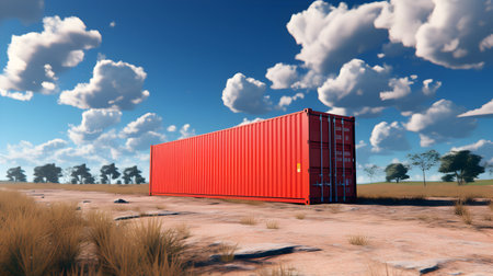 Red cargo container in the field with blue sky background. 3d renderingの素材