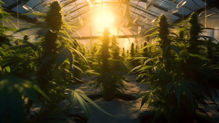 Cannabis plant in greenhouse with sun light. Marijuana cultivation in the house.の素材