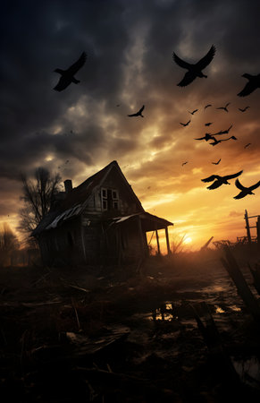 abandoned house in the dark with birds flying in the skyの素材