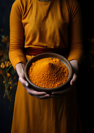 Young woman holding a bowl of turmeric powder over dark background.の素材