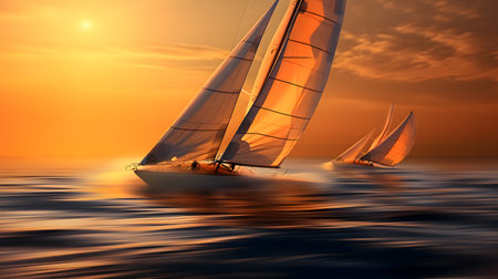 Sailing boat in the sea at sunset. 3d render.の素材