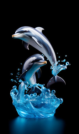 Dolphins jumping out of water, isolated on black background. 3d renderingの素材
