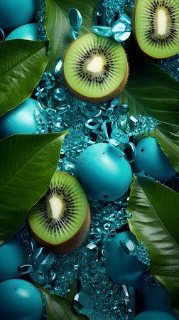 Fresh kiwi fruit and green leaves on blue water background.の素材