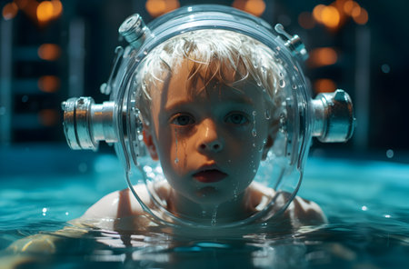Portrait of a child in a diving suit in the water.の素材
