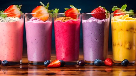 Healthy berry smoothies in glasses with fresh berries and yogurtの素材