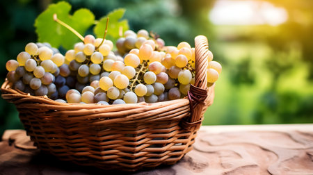 Basket of white and yellow grapes in a vineyard in sunny dayの素材