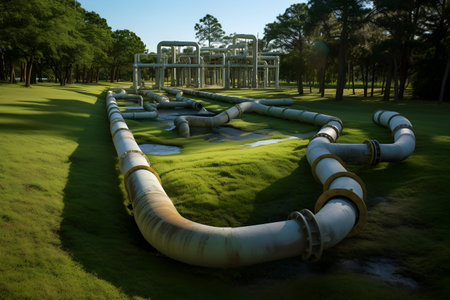 Pipeline on the green grass of a golf course in Thailandの素材