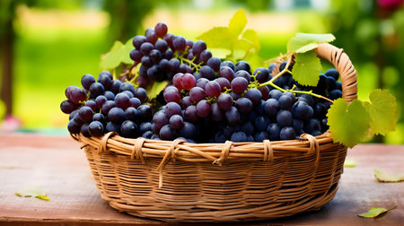 Basket with fresh ripe grapes on table in vineyard, closeupの素材