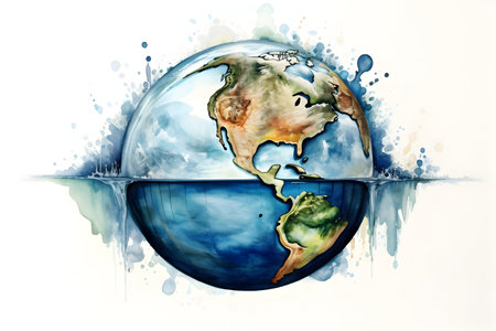 watercolor painting of planet earth with watercolor splashes on white backgroundの素材