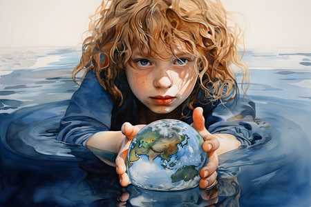 Little girl with a globe in her hands on the background of waterの素材