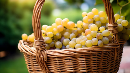 Wicker basket with ripe white grapes in vineyard. Selective focusの素材