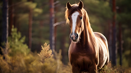 Beautiful bay horse in the forest at sunset, close-upの素材