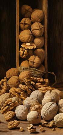 Walnuts and walnuts in a wooden box on a wooden backgroundの素材