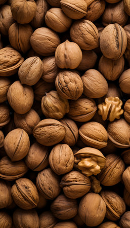 Background of walnuts and peeled walnuts. Close-up.の素材