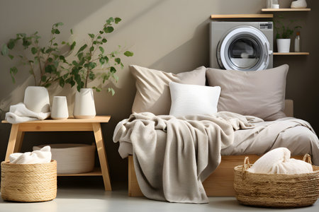Laundry room interior with washing machine, basket of towels and wooden tableの素材