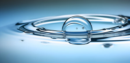 Water drop close up on blue background. 3d render illustration.の素材