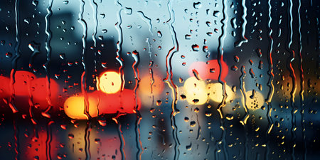 Rain drops on the window with city light bokeh background.の素材