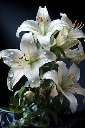 White lily flowers on black background with water drops. Studio shot.の素材