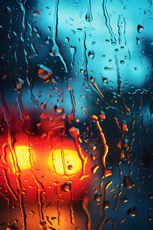 Rain drops on the window at night in the city. Abstract backgroundの素材