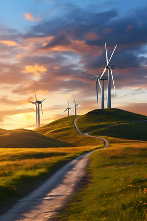 Wind turbines at sunset on a hillside. Alternative energy sources.の素材