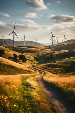 Wind turbines in the countryside of California, USA. Renewable energy.の素材