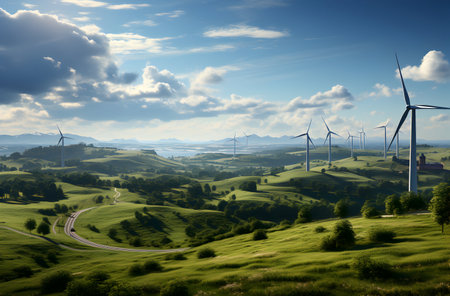 Wind turbines on the green hills in the Carpathians, Ukraineの素材