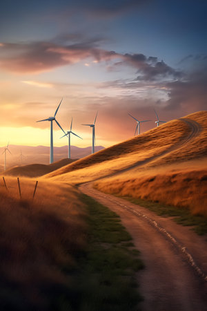 Wind turbines on a hillside at sunset, 3d render.の素材