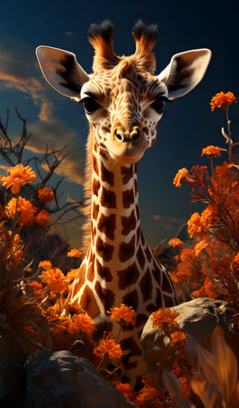 Giraffe in the desert with orange flowers - 3D renderの素材