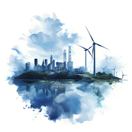 Eco city with wind turbines on watercolor background. Vector illustration.の素材
