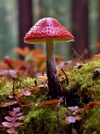 Fly agaric in the autumn forest with raindrops on itの素材