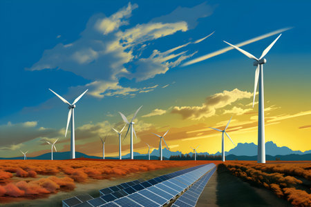 solar energy panels and wind turbines in the field at sunset illustrationの素材