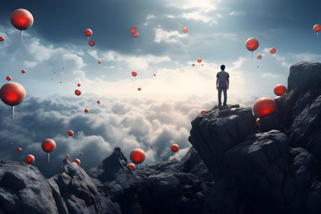 Businessman standing on the top of mountain and looking at the cloudsの素材