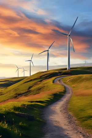 Wind turbines on a hill at sunset with a path leading to the horizonの素材