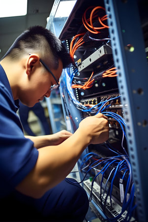 Technician repairing server hardware in data center. Technology and internet concept.の素材