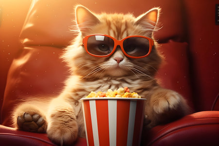 Cute cat in 3d glasses with popcorn on sofa at homeの素材