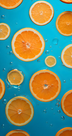 Orange slices on blue background with water drops. Citrus pattern.の素材