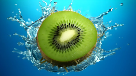 Kiwi fruit in water splash, isolated on blue background.の素材
