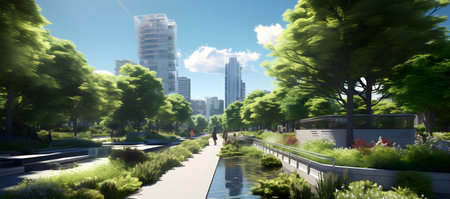 cityscape of modern city with skyscrapers and green trees, panoramaの素材