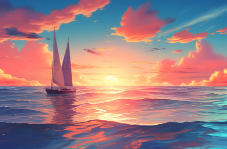 Sailing boat in the sea at sunset. 3d render illustrationの素材