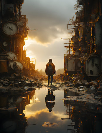 Man standing in the middle of a dirty industrial area at sunset.の素材