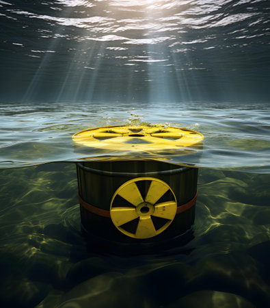 3d render of oil drum in the sea with sunrays.の素材