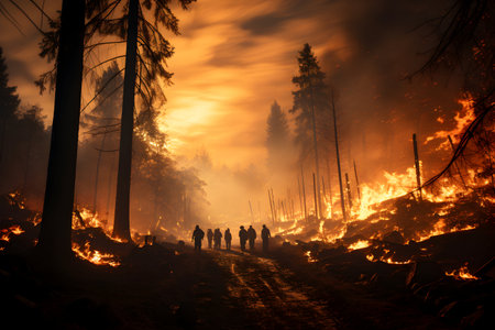 Silhouettes of firefighters fighting a fire in the forest at nightの素材