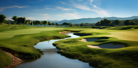 Golf course in the morning. Panoramic view of beautiful landscapeの素材