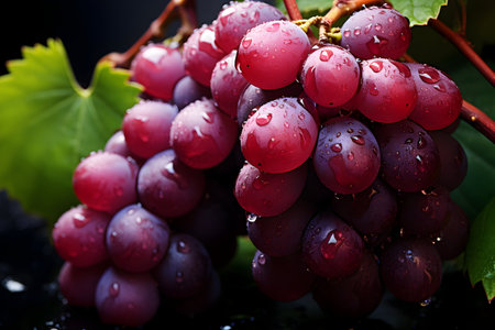 Bunch of red grapes with water drops on black background, closeupの素材