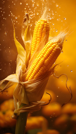 Fresh corn on the cob with drops of water on a yellow backgroundの素材