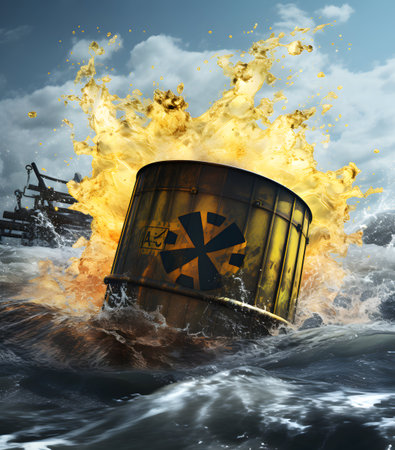 Burning oil barrel in the sea. 3d render illustration.の素材