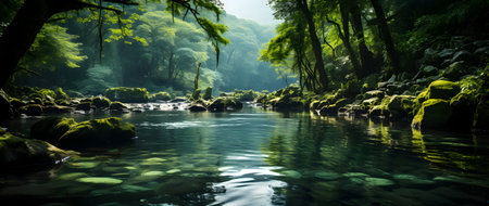 Mountain stream in the forest. Beautiful landscape with river and green trees.の素材