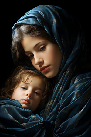 Portrait of a beautiful mother with her daughter in a blue cloth.の素材