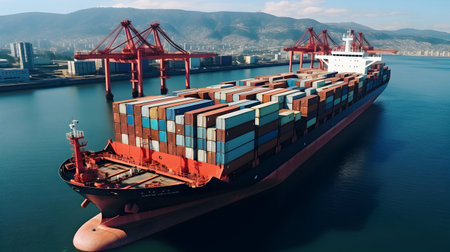 Container Cargo freight ship with working crane bridge in shipyard for Logistic Import Export backgroundの素材